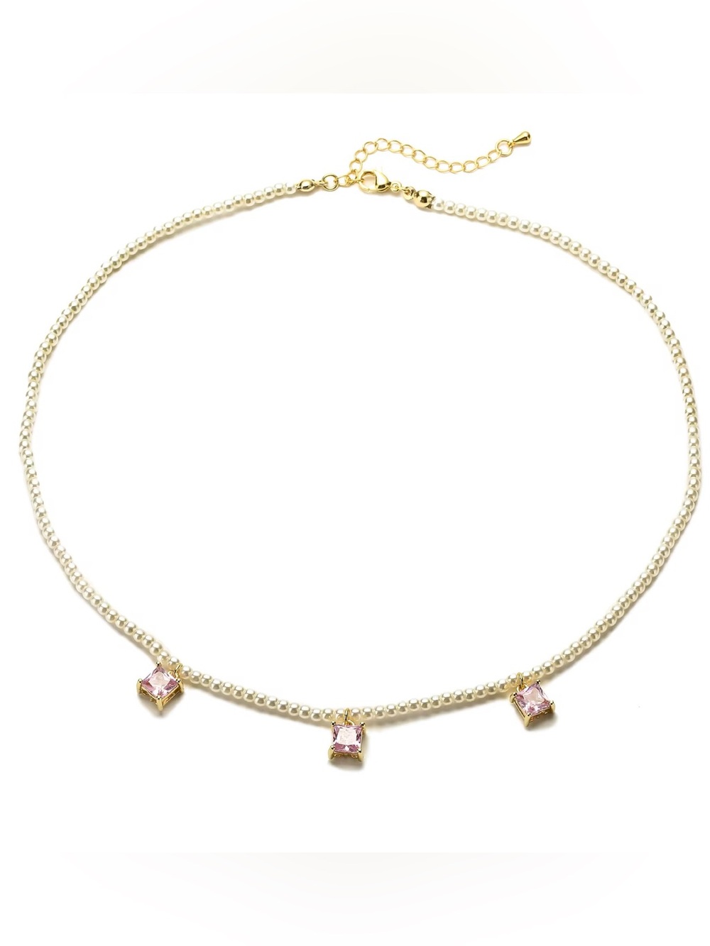 Gold Pearl Choker with Pink Crystal Pendant Trio